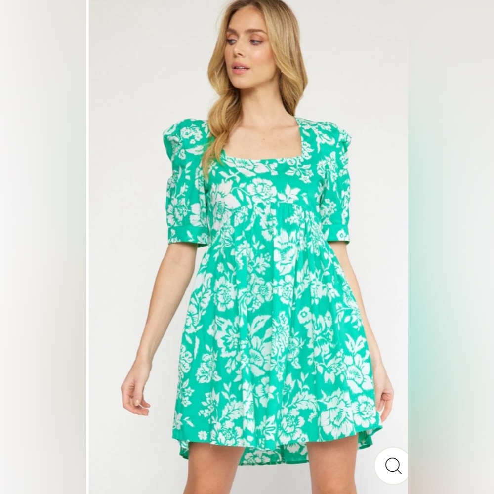 Women’s Floral Puff-Sleeve Midi Dress in Mint Green - Picture 9 of 9